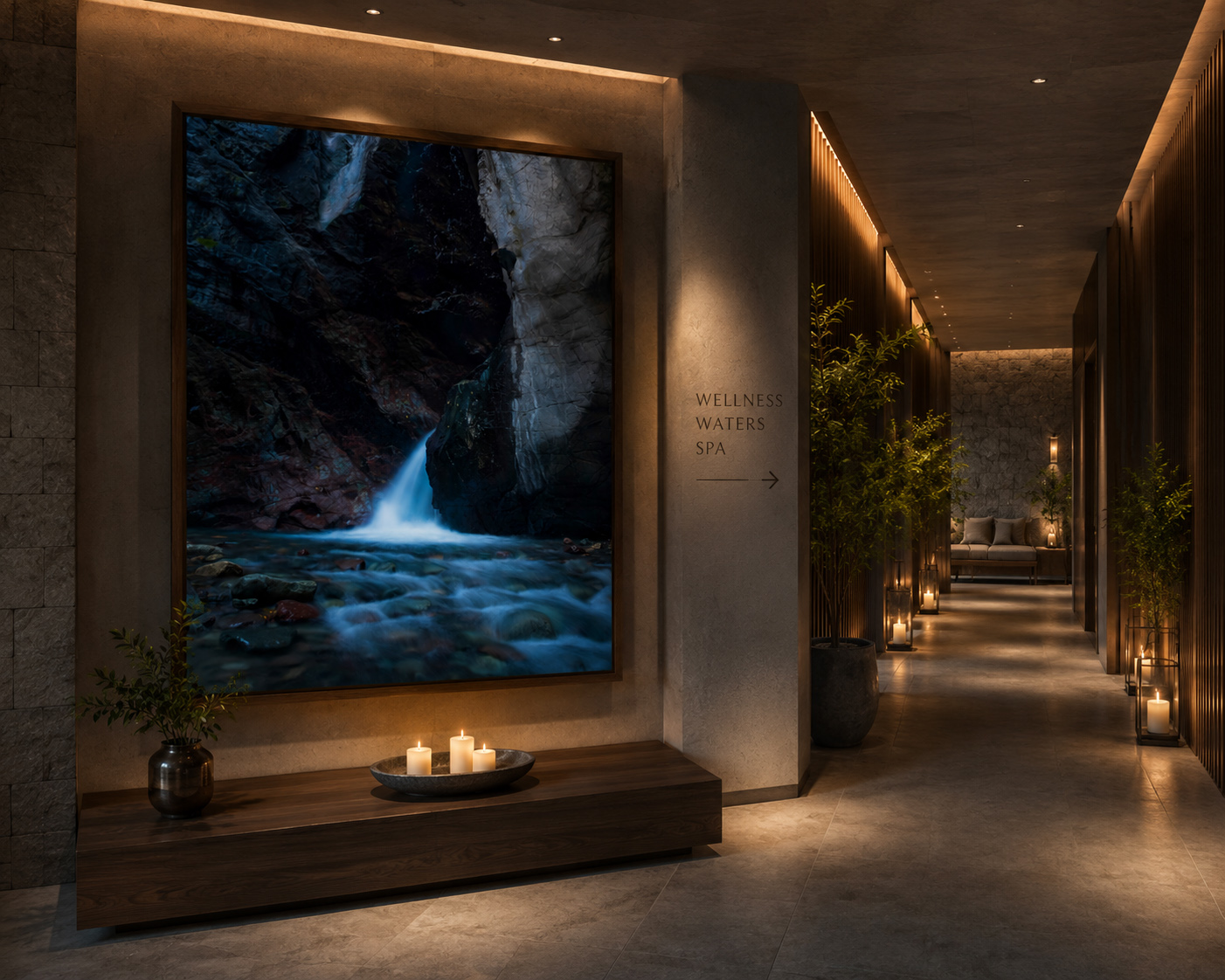 Large vertical waterfall artwork installed in a luxury spa corridor